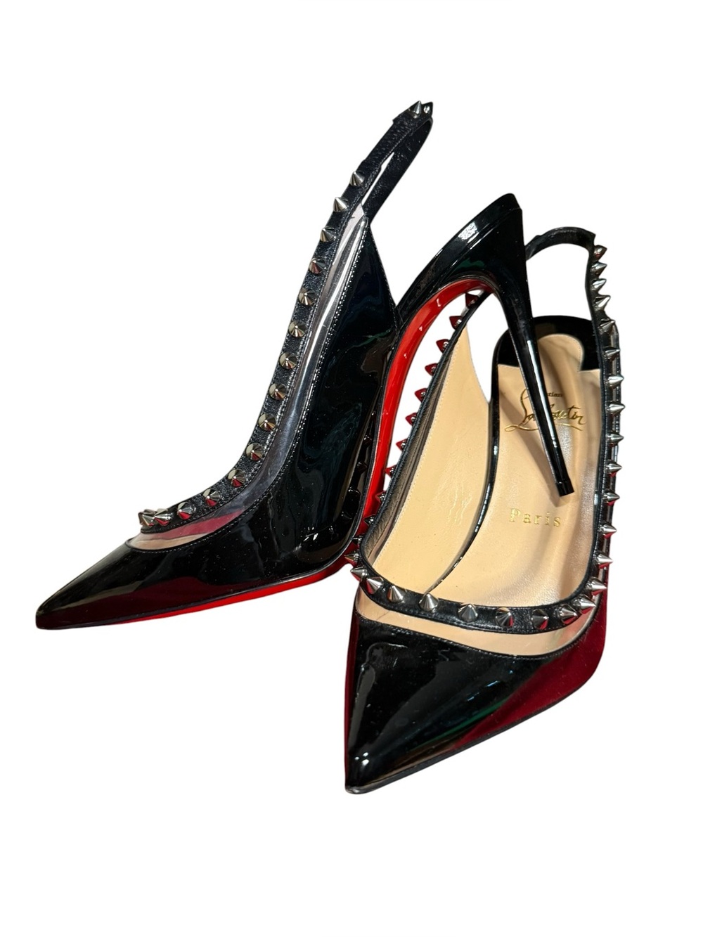 Christian Louboutin Follies Spikes Slingback Pumps Black Patent PVC 40.5 EU - Picture 2 of 10